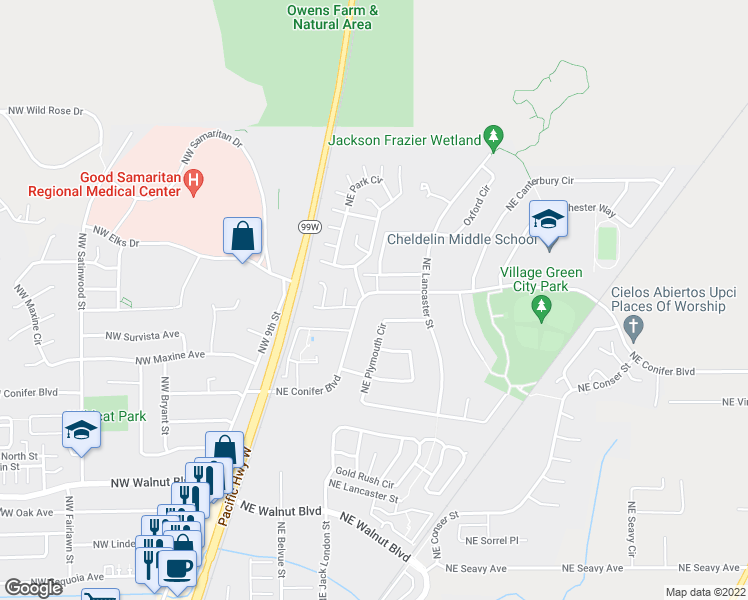 map of restaurants, bars, coffee shops, grocery stores, and more near 290 Northeast Conifer Boulevard in Corvallis