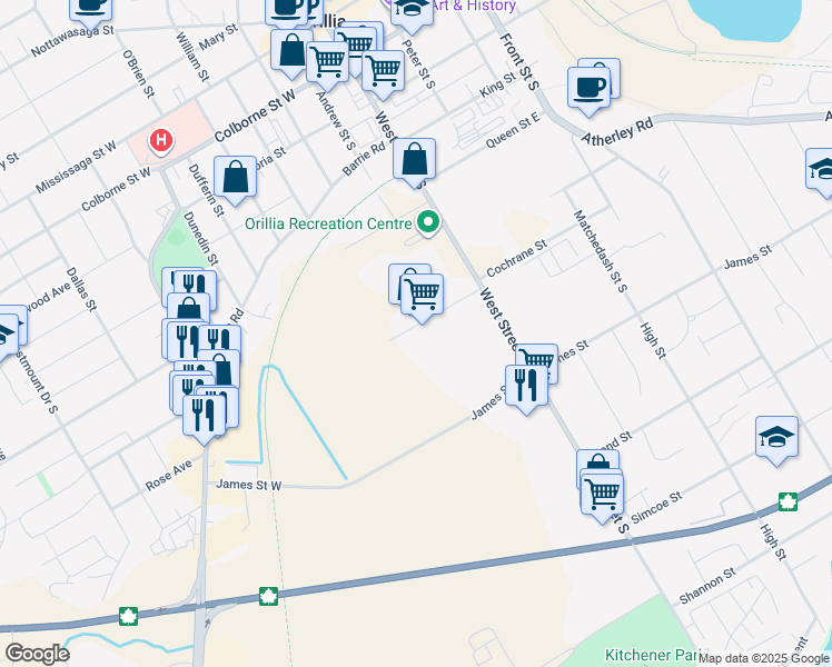 map of restaurants, bars, coffee shops, grocery stores, and more near 119 Norweld Drive in Orillia