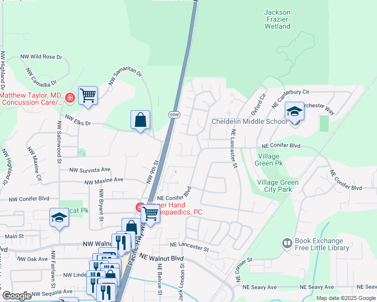 map of restaurants, bars, coffee shops, grocery stores, and more near 3118 Powderhorn Place in Corvallis