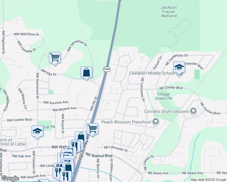 map of restaurants, bars, coffee shops, grocery stores, and more near 3107 Powderhorn Place in Corvallis
