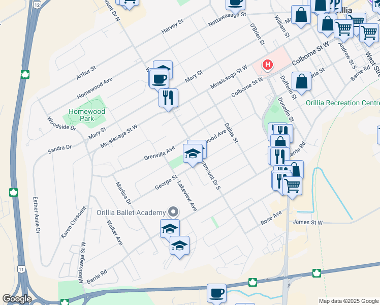 map of restaurants, bars, coffee shops, grocery stores, and more near 81 Westmount Drive South in Orillia