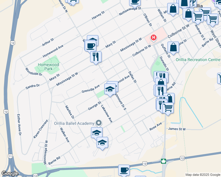 map of restaurants, bars, coffee shops, grocery stores, and more near 81 Westmount Drive South in Orillia