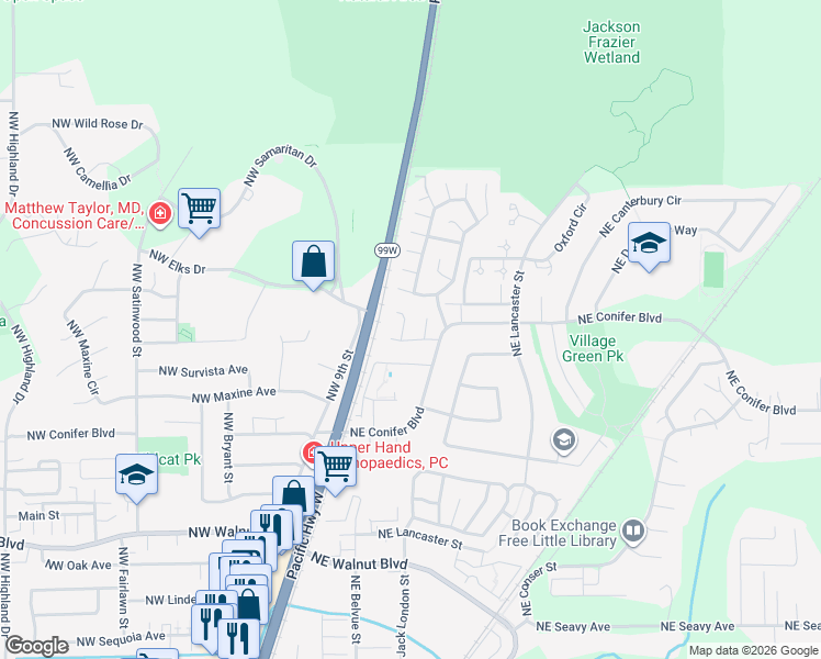 map of restaurants, bars, coffee shops, grocery stores, and more near 3107 Powderhorn Place in Corvallis