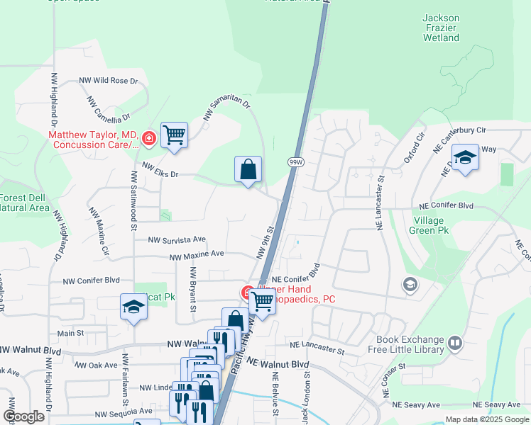 map of restaurants, bars, coffee shops, grocery stores, and more near 3220 Northwest 9th Street in Corvallis