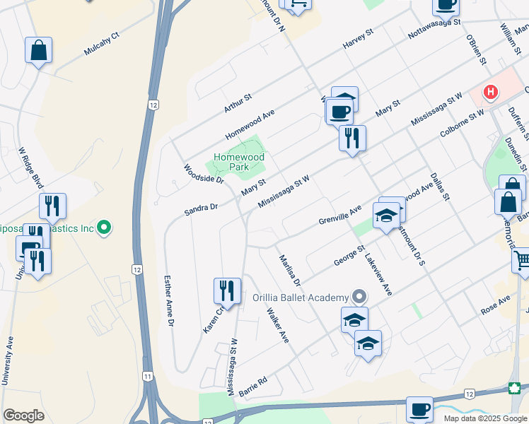 map of restaurants, bars, coffee shops, grocery stores, and more near 401 Mississaga Street West in Orillia