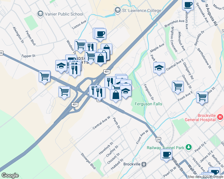 map of restaurants, bars, coffee shops, grocery stores, and more near 125 Stewart Boulevard in Brockville
