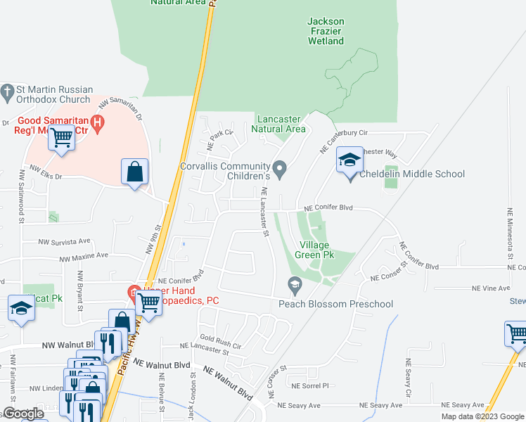 map of restaurants, bars, coffee shops, grocery stores, and more near Northeast Conifer Boulevard & Northeast Lancaster Street in Corvallis