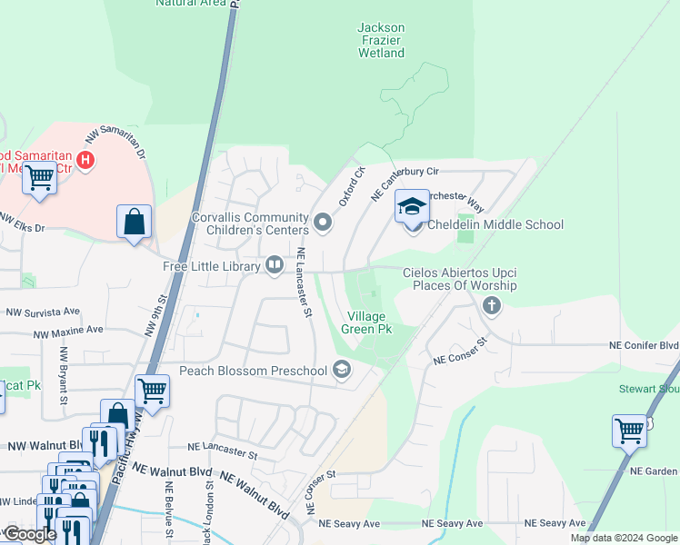map of restaurants, bars, coffee shops, grocery stores, and more near Northeast Conifer Boulevard in Corvallis