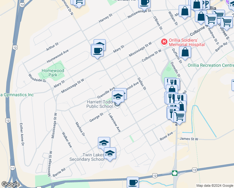map of restaurants, bars, coffee shops, grocery stores, and more near 75 Westmount Drive South in Orillia