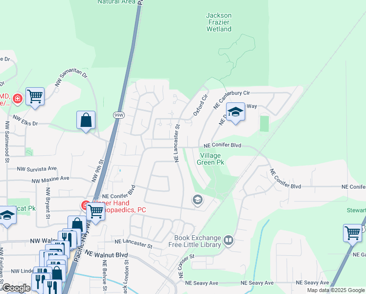 map of restaurants, bars, coffee shops, grocery stores, and more near 3152 Northeast Newcastle Place in Corvallis