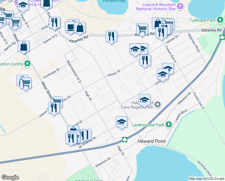 map of restaurants, bars, coffee shops, grocery stores, and more near Gill Street in Orillia