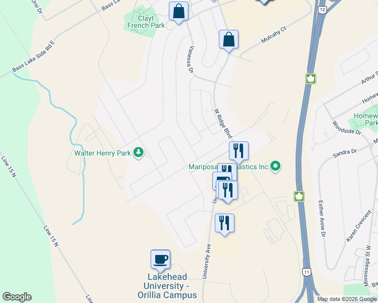 map of restaurants, bars, coffee shops, grocery stores, and more near 3028 Emperor Drive in Orillia