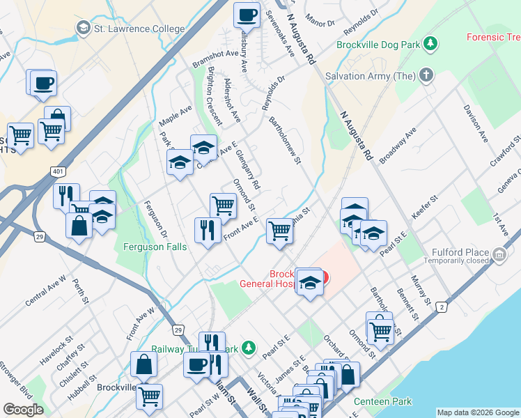 map of restaurants, bars, coffee shops, grocery stores, and more near 2 Charlotte Place in Brockville