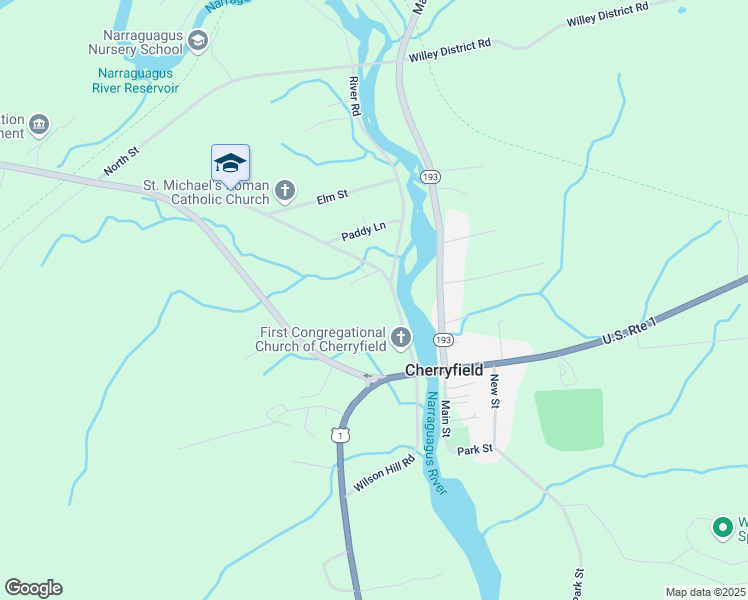 map of restaurants, bars, coffee shops, grocery stores, and more near 8 River Road in Cherryfield