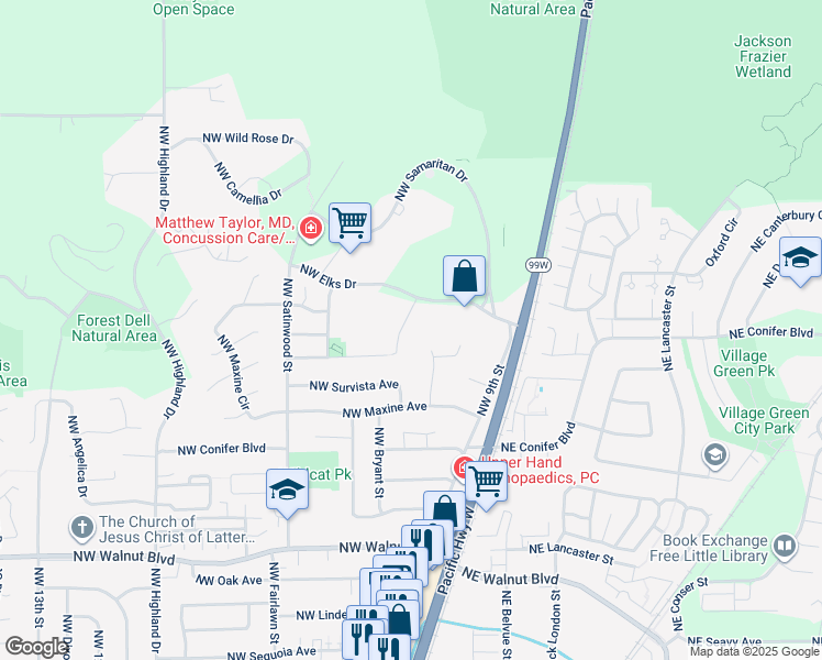 map of restaurants, bars, coffee shops, grocery stores, and more near 3136 Northwest Autumn Street in Corvallis