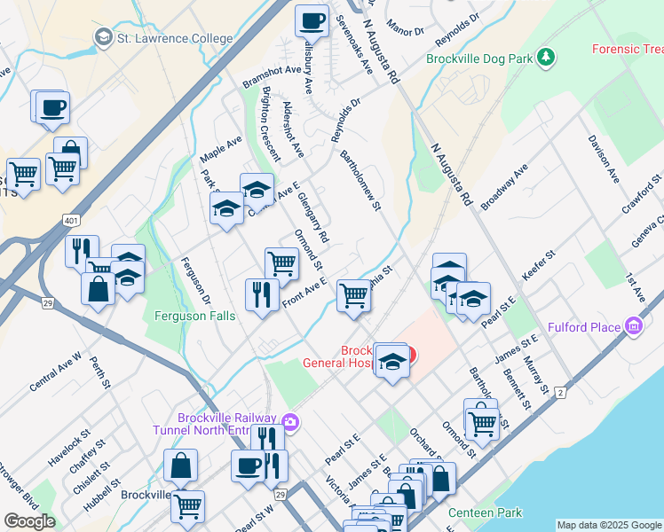 map of restaurants, bars, coffee shops, grocery stores, and more near 95 Ormond Street in Brockville