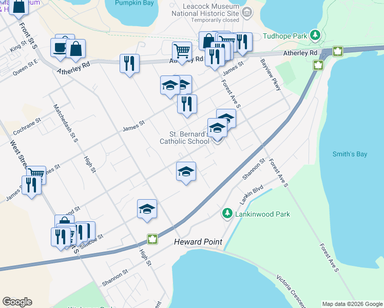 map of restaurants, bars, coffee shops, grocery stores, and more near 470 Regent Street in Orillia