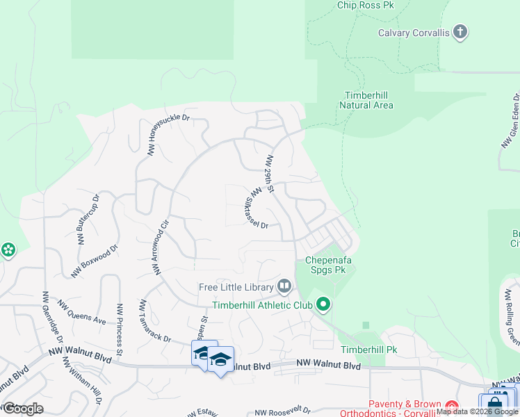 map of restaurants, bars, coffee shops, grocery stores, and more near 3245 Northwest Silktassel Drive in Corvallis