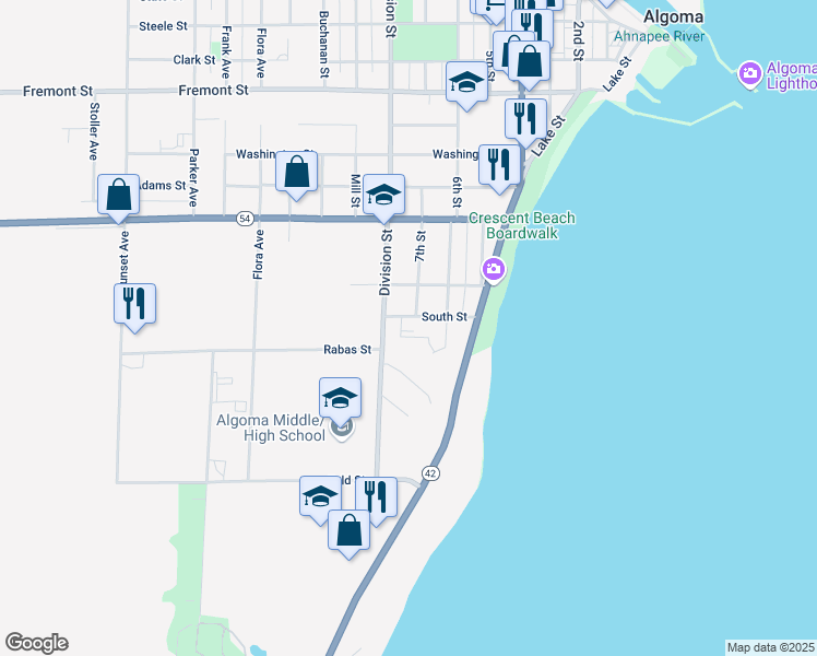 map of restaurants, bars, coffee shops, grocery stores, and more near 1409 6th Street in Algoma