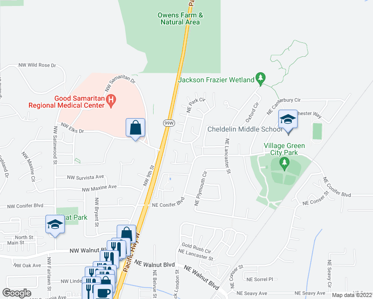 map of restaurants, bars, coffee shops, grocery stores, and more near 3190 NE Powderhorn Pl in Corvallis