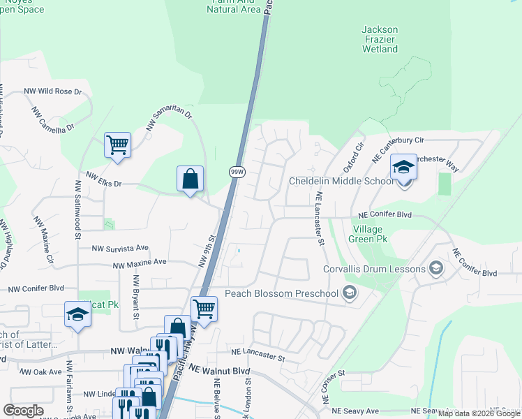 map of restaurants, bars, coffee shops, grocery stores, and more near 3190 Powderhorn Place in Corvallis