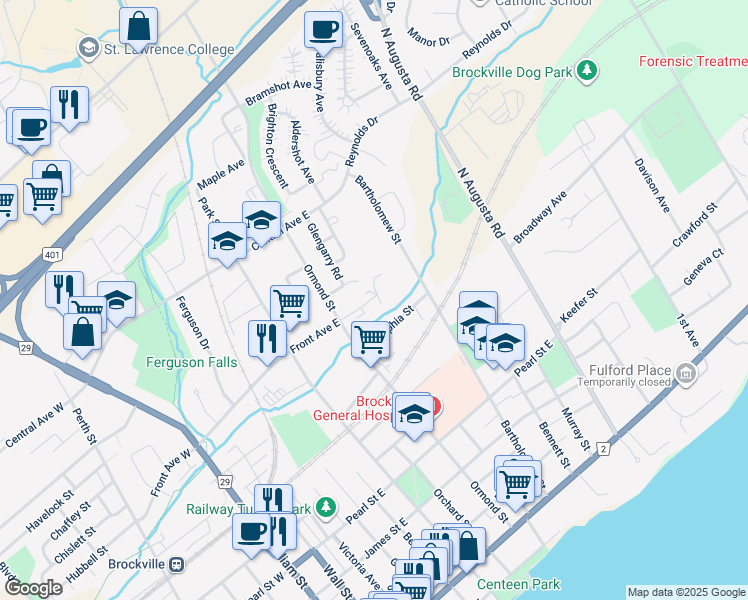 map of restaurants, bars, coffee shops, grocery stores, and more near 10 Charlotte Place in Brockville