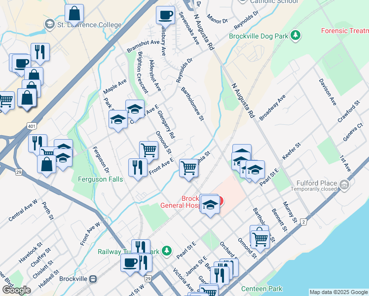 map of restaurants, bars, coffee shops, grocery stores, and more near 6 Charlotte Place in Brockville
