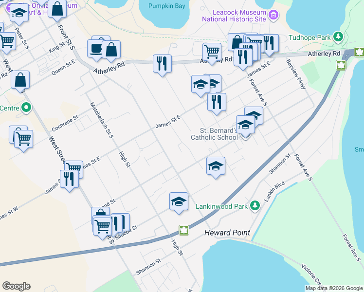 map of restaurants, bars, coffee shops, grocery stores, and more near 371 Millard Street in Orillia