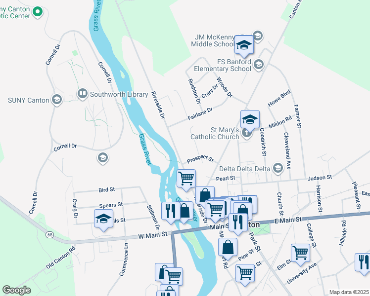 map of restaurants, bars, coffee shops, grocery stores, and more near 60 Riverside Drive in Canton