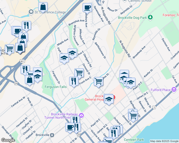 map of restaurants, bars, coffee shops, grocery stores, and more near 1 Glengarry Road in Brockville