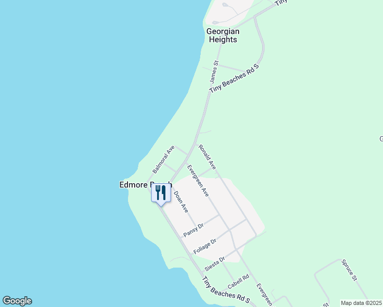 map of restaurants, bars, coffee shops, grocery stores, and more near 1667 Tiny Beaches Road South in Simcoe County