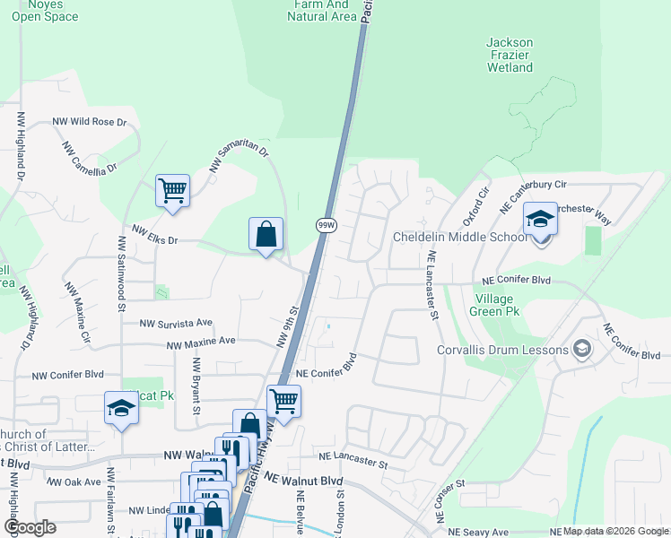 map of restaurants, bars, coffee shops, grocery stores, and more near 87 Northeast Park Circle in Corvallis