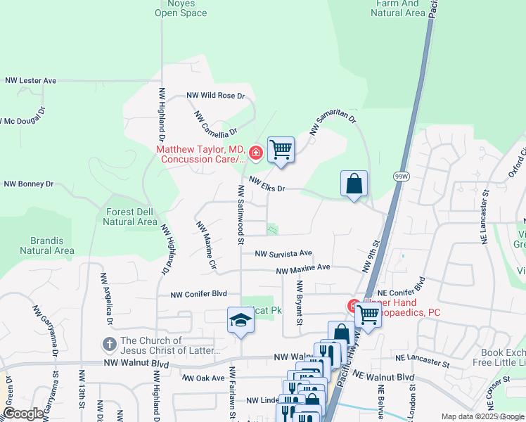 map of restaurants, bars, coffee shops, grocery stores, and more near 3521 Veracruz Place in Corvallis