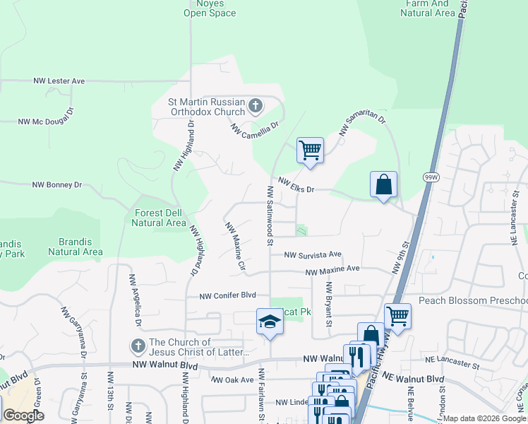 map of restaurants, bars, coffee shops, grocery stores, and more near 3482 Northwest Maxine Circle in Corvallis
