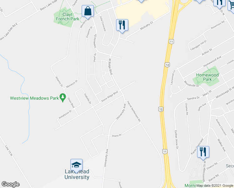 map of restaurants, bars, coffee shops, grocery stores, and more near 3132 Stone Ridge Boulevard in Orillia