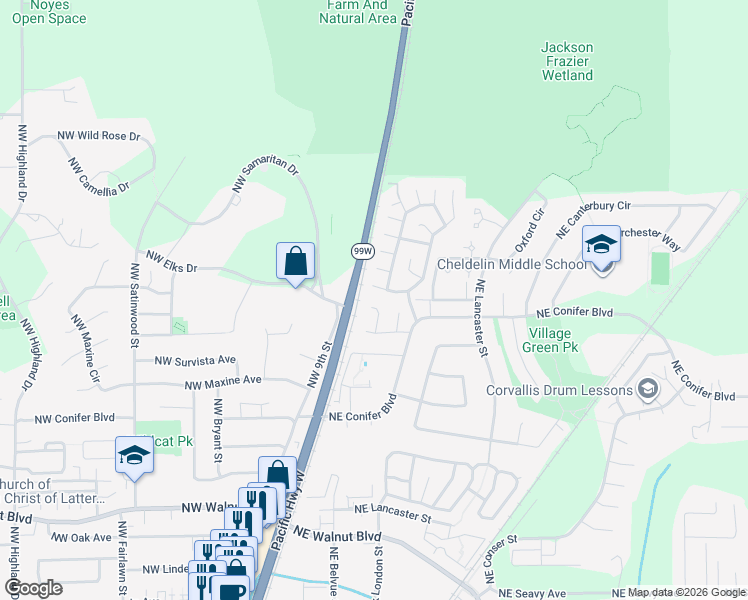 map of restaurants, bars, coffee shops, grocery stores, and more near 87 Northeast Park Circle in Corvallis