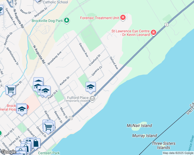 map of restaurants, bars, coffee shops, grocery stores, and more near 6 Fairknowe Drive in Brockville