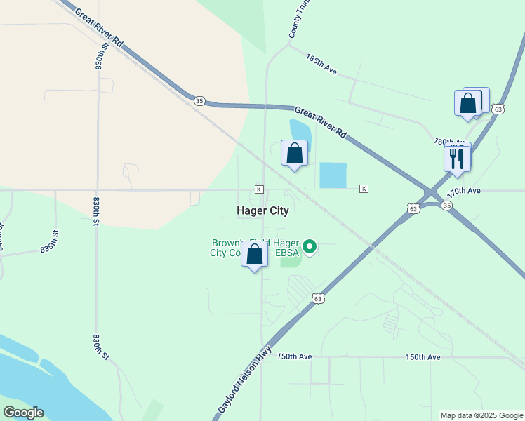 map of restaurants, bars, coffee shops, grocery stores, and more near in Hager City