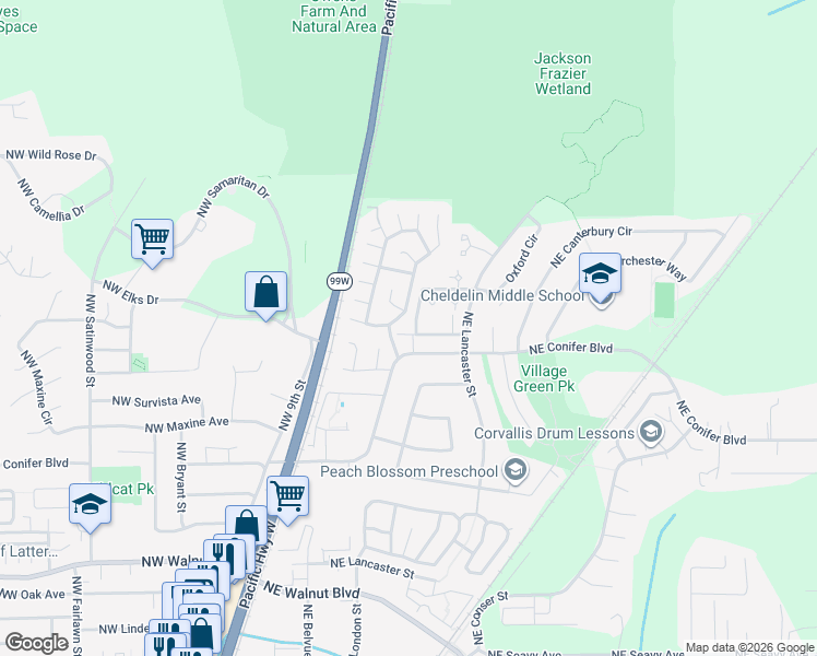 map of restaurants, bars, coffee shops, grocery stores, and more near 3240 Northeast Lancaster Street in Corvallis