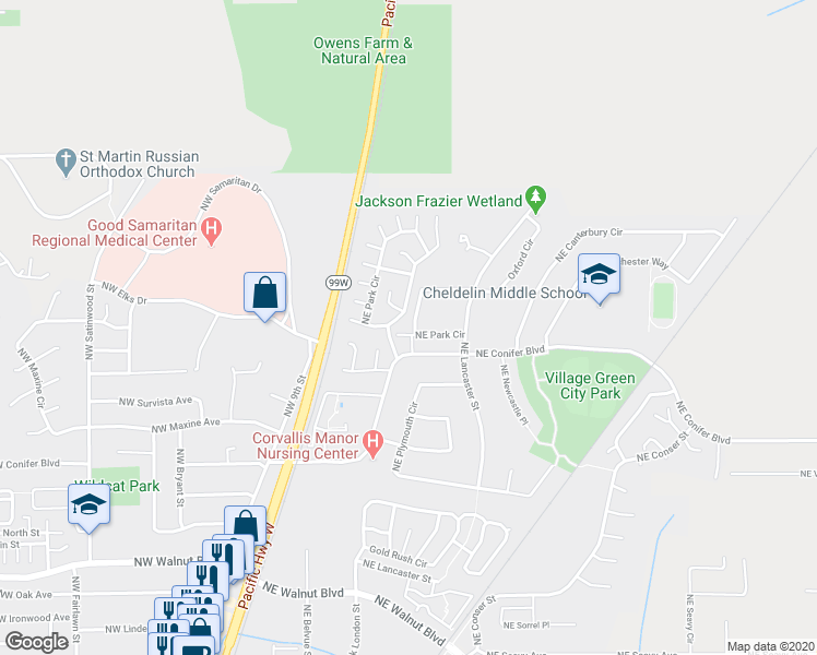 map of restaurants, bars, coffee shops, grocery stores, and more near 5 Northeast Park Circle in Corvallis