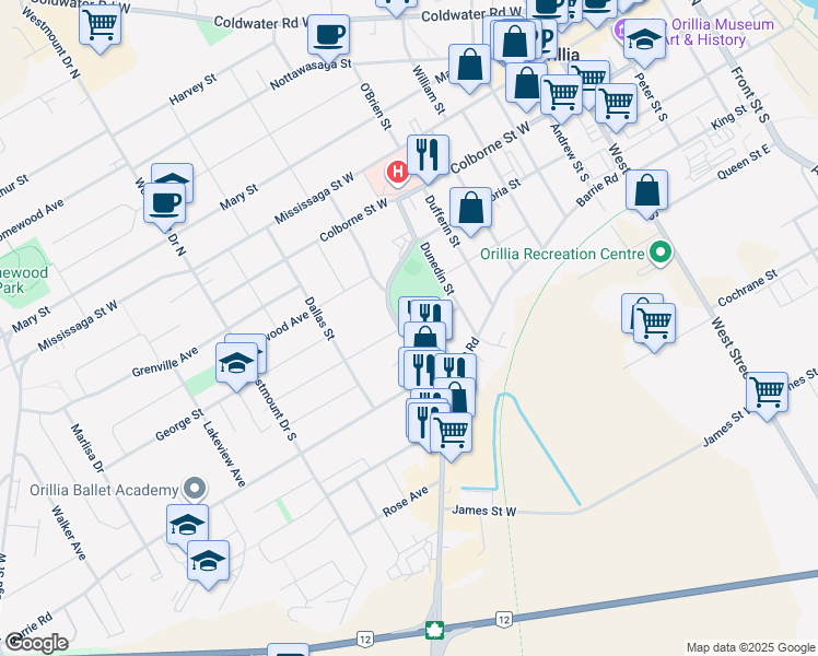 map of restaurants, bars, coffee shops, grocery stores, and more near 228 Elmer Park in Orillia