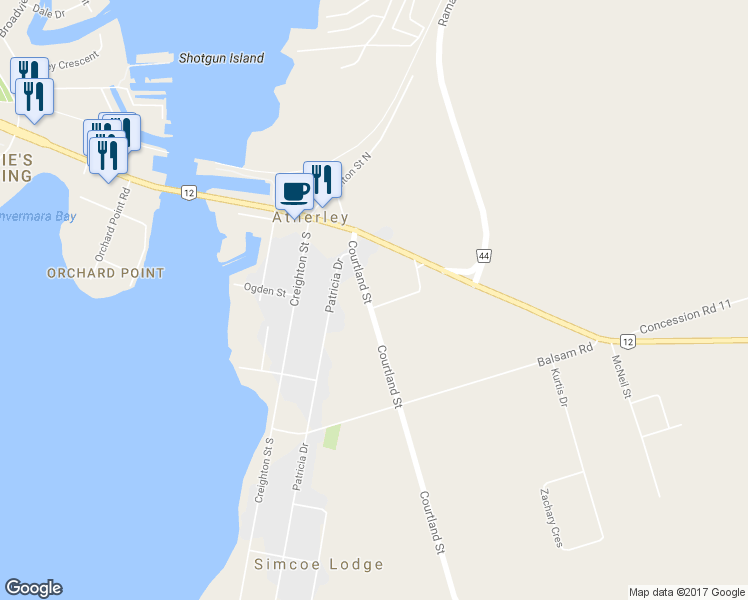 map of restaurants, bars, coffee shops, grocery stores, and more near 38 Courtland Street in Orillia