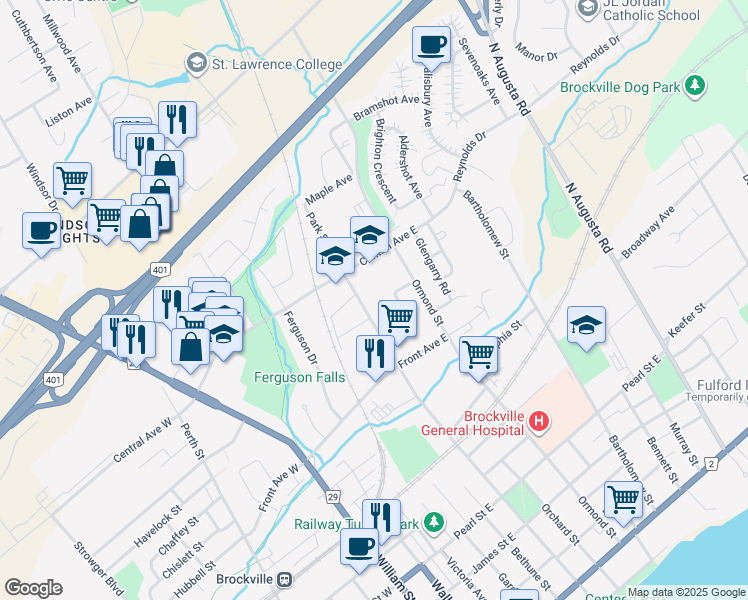 map of restaurants, bars, coffee shops, grocery stores, and more near 283 Park Street in Brockville