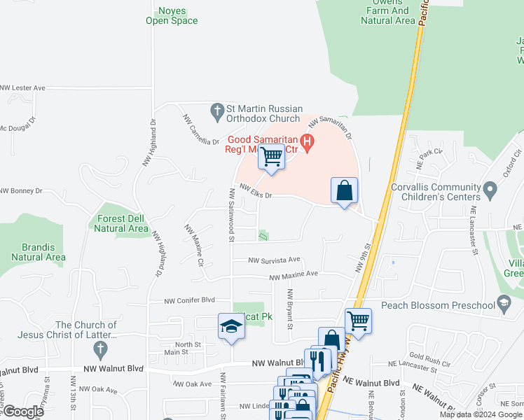 map of restaurants, bars, coffee shops, grocery stores, and more near 3493 Northwest Coronado Street in Corvallis