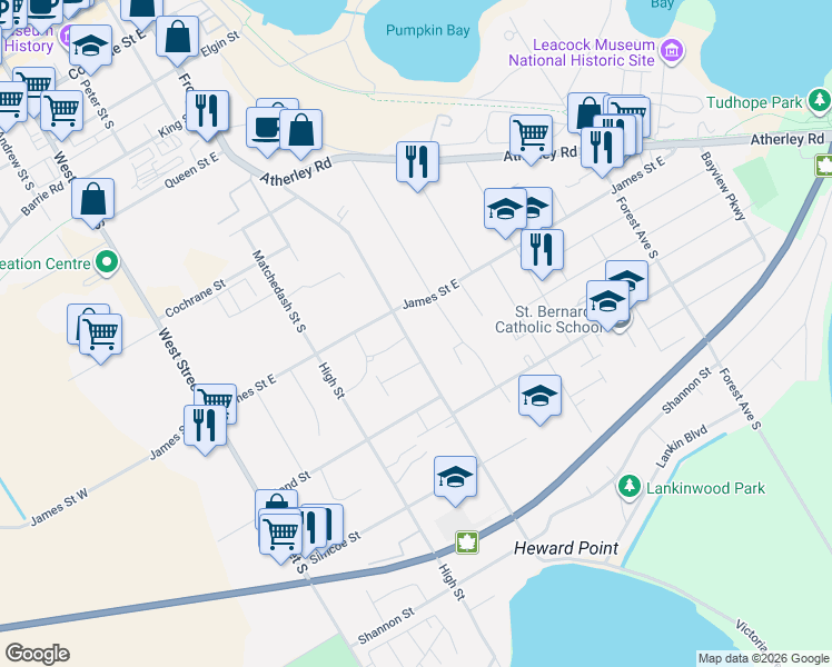 map of restaurants, bars, coffee shops, grocery stores, and more near 370 Gill Street in Orillia