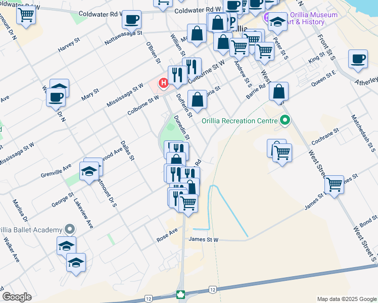 map of restaurants, bars, coffee shops, grocery stores, and more near 143 Dunedin Street in Orillia