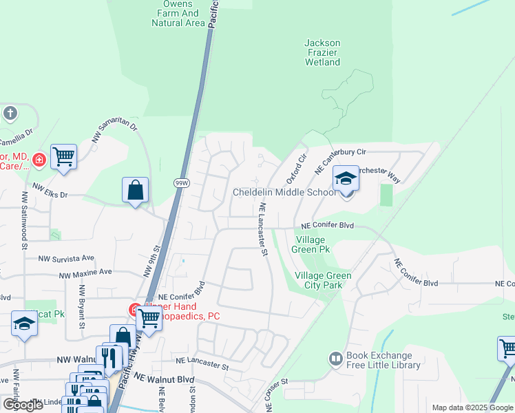 map of restaurants, bars, coffee shops, grocery stores, and more near 3234 Northeast Lancaster Street in Corvallis
