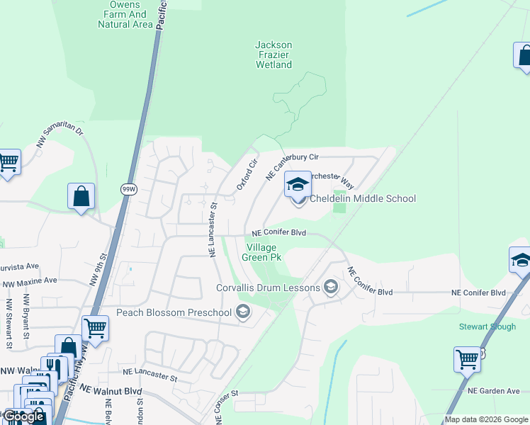 map of restaurants, bars, coffee shops, grocery stores, and more near 3270 Northeast Dorchester Way in Corvallis