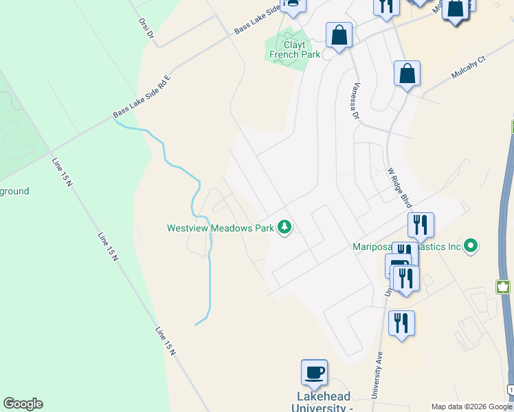 map of restaurants, bars, coffee shops, grocery stores, and more near 3010 Sierra Drive in Orillia