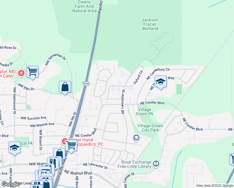 map of restaurants, bars, coffee shops, grocery stores, and more near 3234 Northeast Lancaster Street in Corvallis
